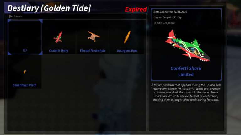 Alle 5 begrenzten Fische in Goldener Flut (100% Bestiary)
